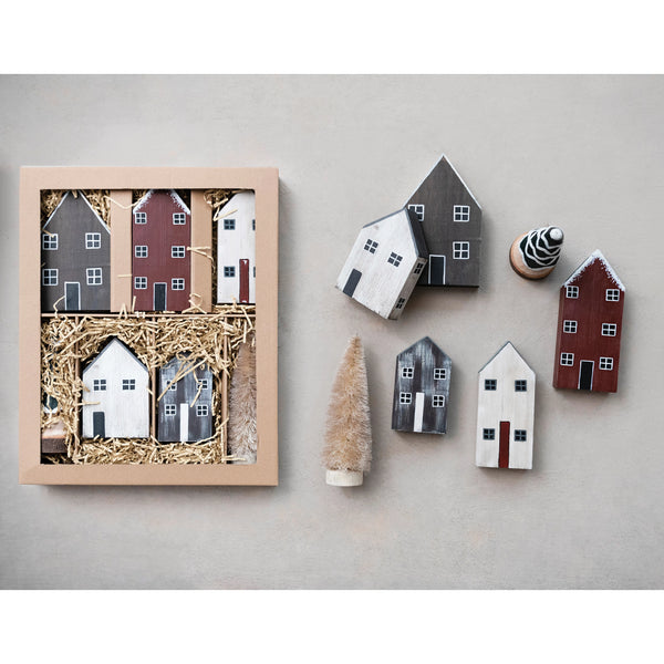 Painted Wood House Village, Set of 7