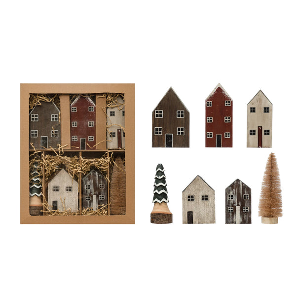 Painted Wood House Village, Set of 7