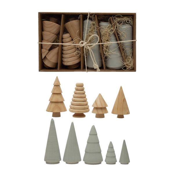 Wood + Stoneware Trees, Set of 9