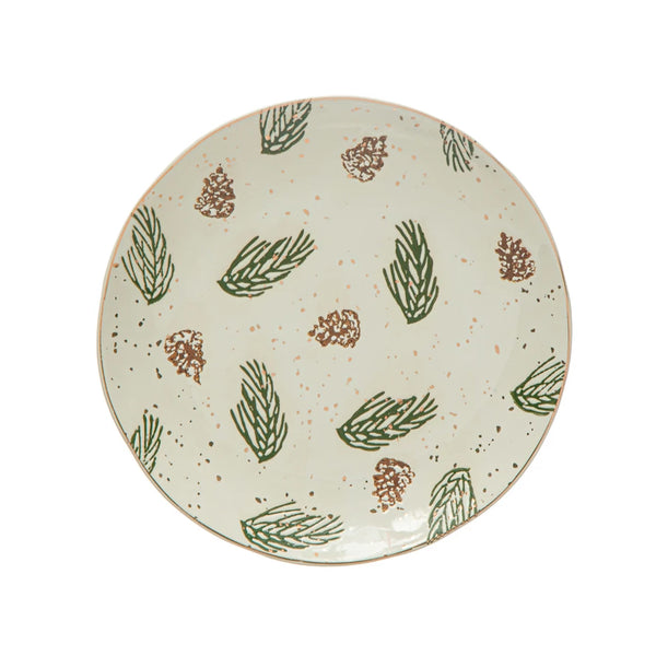 Stoneware Plate, Pinecones + Pines