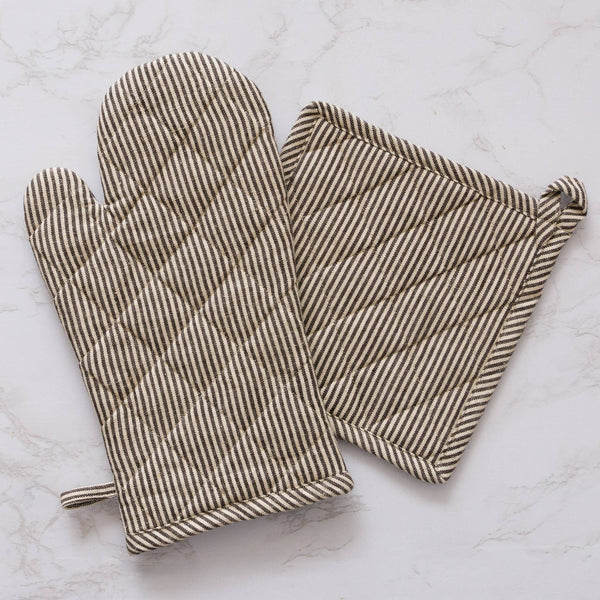 Oven Mitt And Pot Holder - Black And Cream Ticking Stripe