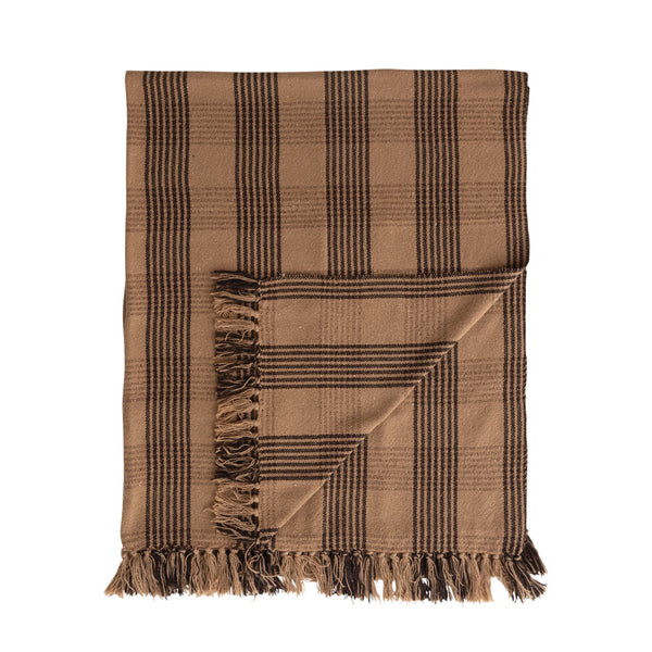 Cotton Blend Plaid Throw with Fringe